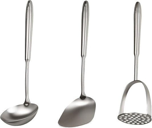 304 Professional Potato Masher, Stainless Steel Cooking Utensils Set, 3 PCS Long Large Metal Cooking Utensil Tools Set, Mirror Polished Kitchen Gadget Kitchen Tool Set, Dishwasher Safe