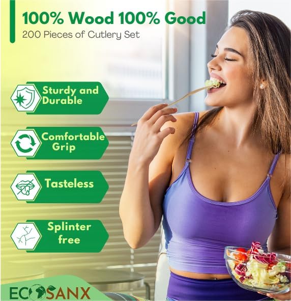 ECOSANX® 200 PCs Disposable Wooden Cutlery set 6.5" Splinter Free Compostable Utensils for party, Eco-Friendly, 100% All-Natural Bamboo Utensils set for picnic, Bamboo cutlery set for Events & More - Image 5