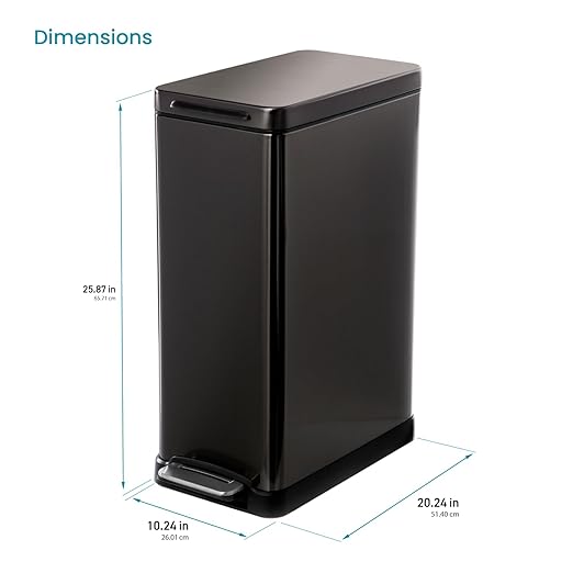 Home Zone Living 12 Gallon Slim Kitchen Trash Can with Soft Close Lid, Step Pedal, Bag Tuck Band, and Removable Liner, Stainless Steel, Black - Image 7