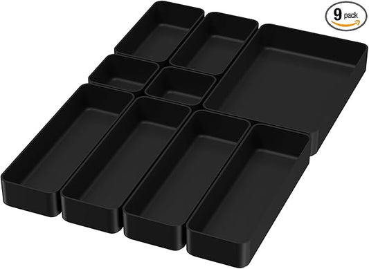 9 Pcs Stackable Drawer Organizer Trays Set, Multifunctional Stackable Storage Trays for Vanity, Bathroom, Kitchen, Desk Drawer Organizer Office. Plastic Drawer Organizers Available In 5 Colours, Black by CHANCETSUI