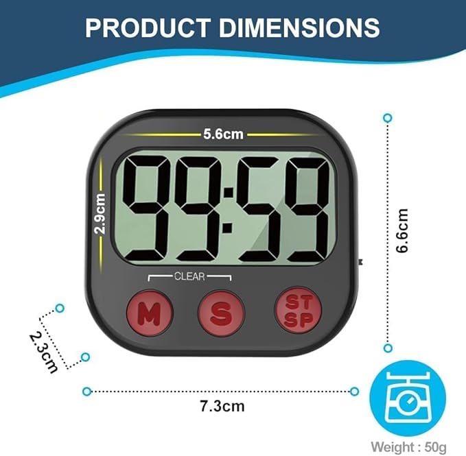Kitchen Timer, Digital Visual Timer Magnetic Clock Stopwatch Countdown Timer, Large LCD Screen Display Big Digits, Loud Alarm for Cooking, Shower, Bathroom - Image 4