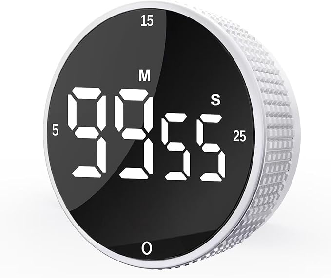Upgrade Digital Kitchen Timer - Magnetic Countdown Countup Visual Pomodoro Timer with Large LED Display, 3-Preset Times (5, 15, 25), 3 Volume Levels, Ideal for Cooking, Baking and Fitness (1, White) by Junvil