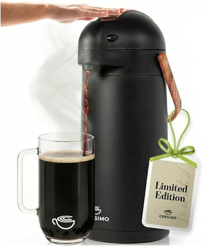 Thermal Coffee Carafe 102Oz w/Wood Trim, Keeps Coffee Hot for 12Hrs & Cold for 36Hrs-Premium Stainless Steel Carafe for Hot Liquids, Easy One-Handed Dispensing for Office, Home, Party, Durable Airpot by Cresimo