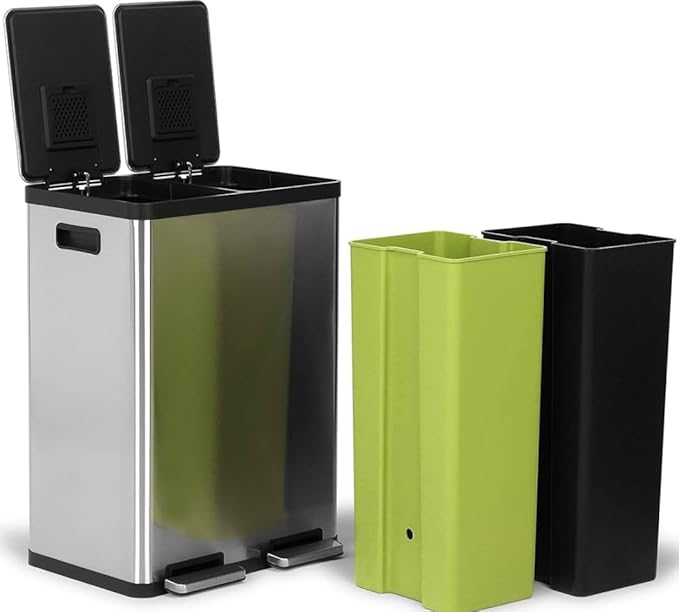 Simpli-Magic 60 Liter / 16 Gallon Rectangular Hands-Free Dual Compartment Recycling Kitchen Step Trash Can with Soft-Close Lid, Brushed Stainless Steel (30L x 30L Capacity) - Image 3