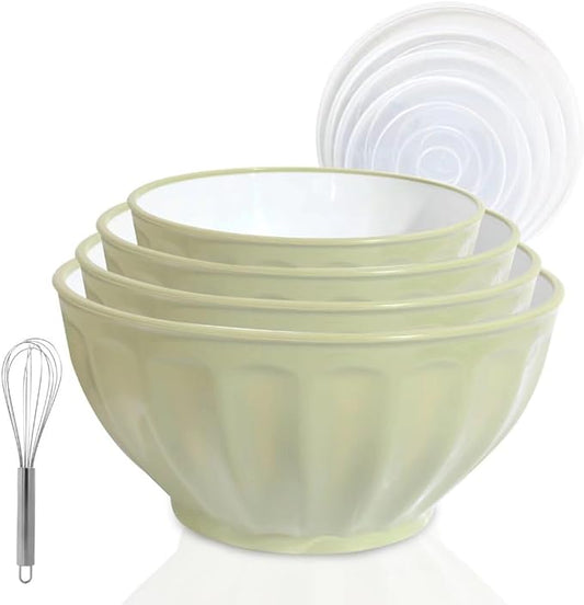 Mixing Bowls with Lids Set,Plastic Prep Bowl with Lid,Mixing Bowl Set for Kitchen Cooking, Baking,Storage Food,4 Big Nesting Bowls and 1 Egg Whisk,Stackable，Green