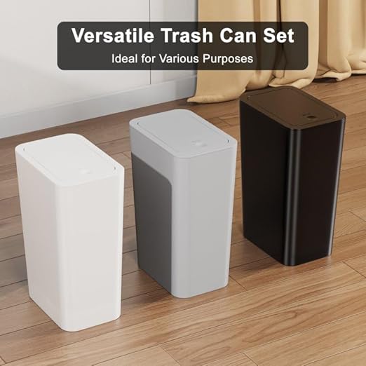 N. NETDOT 3 Pack Small Trash Can with lid, 3 Gallon Bathroom Trash Can,Garbage Can Slim Trash Bin Waste Basket for Bathroom,Kitchen,Bedroom,Living Room,Office,Laundry - Off White,Black,Grey - Image 5