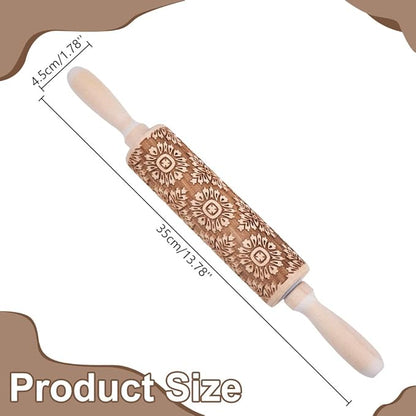 Embossed Wooden Rolling Pin Flower Print 35cm Rolling Pin for Baking Biscuits 3D Pattern DIY Kitchen Tool Baking Accessories Homemade Bakery Pastry Cookie Fondant Dough Pizza