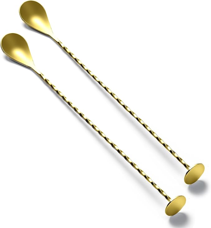 BRIOUT 2 Pcs Bar Spoon, 12 Inches Long Handle Drink Stirrer, Stainless Steel Bar Cocktail Mixing Spoons with Round Base for Stirring, Gold by Briout