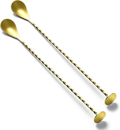 BRIOUT 2 Pcs Bar Spoon, 12 Inches Long Handle Drink Stirrer, Stainless Steel Bar Cocktail Mixing Spoons with Round Base for Stirring, Gold by Briout