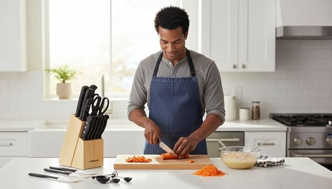 Farberware 22-Piece Never Needs Sharpening Triple Rivet High-Carbon Stainless Steel Knife Block and Kitchen Tool Set, Black, Durable AND Precision Cutlery - Image 5