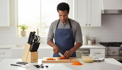 Farberware 22-Piece Never Needs Sharpening Triple Rivet High-Carbon Stainless Steel Knife Block and Kitchen Tool Set, Black, Durable AND Precision Cutlery - Image 5