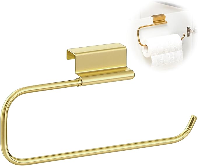Yaocom 12.4 Inches Cabinet Door Paper Towel Holder Camper Under Sink No Drilling Paper Towel Storage and Dispenser for RV Kitchen Bathroom Laundry Room, Stainless Steel(Gold,1 Pcs)