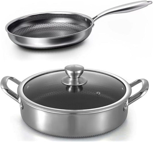 Toutrop Hybrid Stainless Steel Cookware Set-6QT Sauté Pan with Lid,10 Inch Nonstick Frying Pan,Induction Compatible,PFOA Free,Dishwasher & Oven Safe