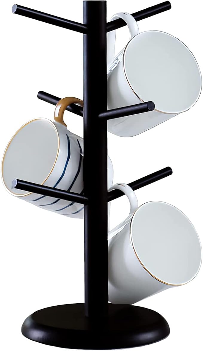 Dorhors Mug Tree,Coffee Cup Holder with 6 Hooks,Wood Mug Holder for Counter,Coffee Bar Accessories and Orgnizer station (Balck)