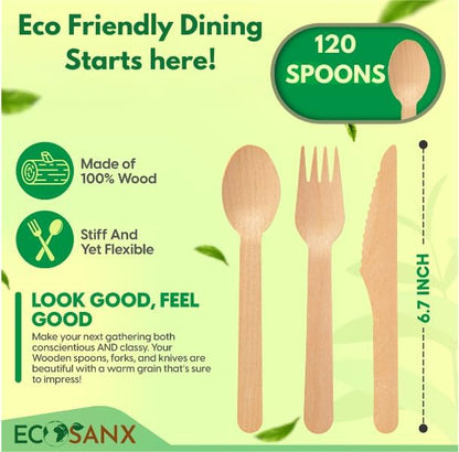 ECOSANX® 120 PCs Wooden spoons for eating, 6.5" Splinter Free small disposable spoons, Eco-Friendly, 100% All-Natural Compostable spoons for Outdoor, Bamboo spoon Disposable for Camping Events & More - Image 2