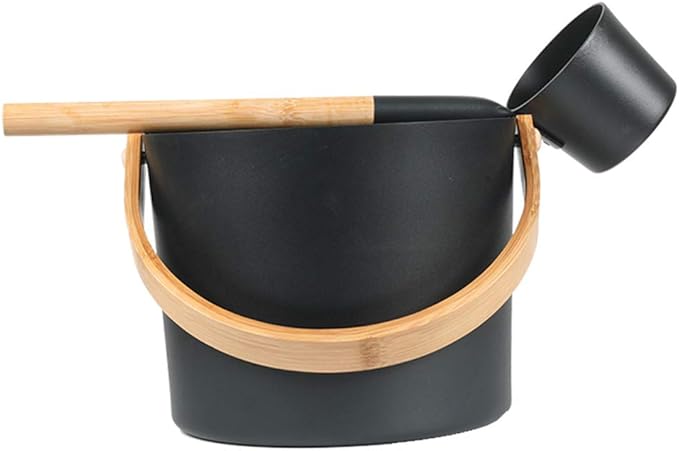 Sauna Bucket and Ladle Set, 1.85 Gallons (7L) Large Aluminum Sauna Bucket with Long Wooden Handle Spoon, SPA Shower Accessories, Saunas Accessories Set for Home Saunas (Color:Black)