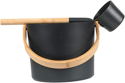 Sauna Bucket and Ladle Set, 1.85 Gallons (7L) Large Aluminum Sauna Bucket with Long Wooden Handle Spoon, SPA Shower Accessories, Saunas Accessories Set for Home Saunas (Color:Black)