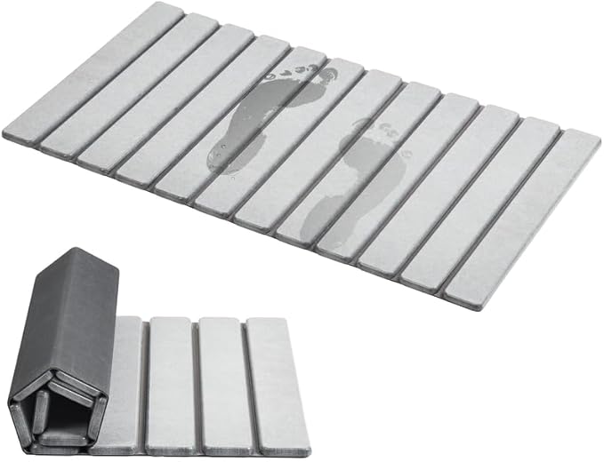 AWW Foldable Stone Bath Mat, Quick Dry Diatomaceous Earth Bath Mat with Non-Slip Mat, Super Absorbent, Easy to Clean, Compact for Small Bathrooms, 31.5 x 15.7, Light Grey by AWW