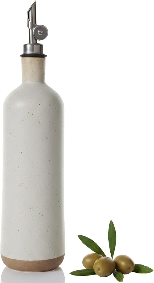 18 oz Stonaeware Olive Oil Dispenser Bottle, 500 ml Ceramic Oil Bottle with Stainless Automatic Spout – Leak-Proof Cruet for Kitchen, Cooking, Salad, BBQ, Frying - Cream & Clay