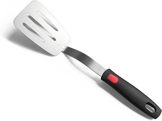 Stainless Steel Spatula, Flexible Metal Slotted Turner for Cast Iron Skillet, Thin Blade and Heat Resistant Silicone Handle, Great for Egg, Cookie, Meat, Crep, Medium