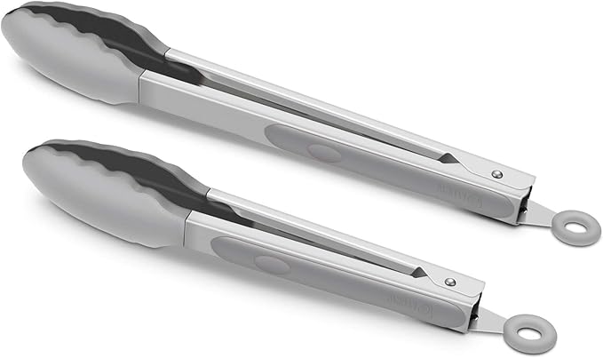 2 Pack Silicone Kitchen Tongs – 9" & 12" Set, Heat Resistant up to 500°F, Non‑Stick Cookware Safe, Wavy Silicone Tips, BPA Free, Locking Clip & Hanging Loop, Grey by ALLWIN-HOUSEWARE