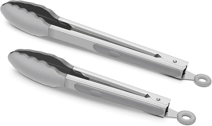 2 Pack Silicone Kitchen Tongs – 9" & 12" Set, Heat Resistant up to 500°F, Non‑Stick Cookware Safe, Wavy Silicone Tips, BPA Free, Locking Clip & Hanging Loop, Grey by ALLWIN-HOUSEWARE