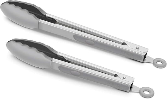2 Pack Silicone Kitchen Tongs – 9" & 12" Set, Heat Resistant up to 500°F, Non‑Stick Cookware Safe, Wavy Silicone Tips, BPA Free, Locking Clip & Hanging Loop, Grey by ALLWIN-HOUSEWARE