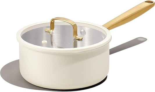 CAROTE 2Qt Stainless Steel Saucepan, Non-Toxic Cookware with Lids,Outer Ceramic Layer,Small Cooking Pot, Even Heating, Fits All Stoves,Oven & Dishwasher Safe,White by CAROTE