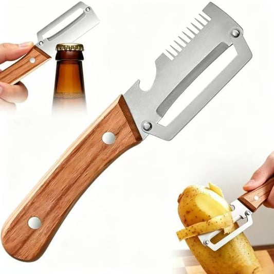 Multifunctional Vegetable Peeler, 3-in-1 Peelers For Kitchen with Bottle Opener, Sharp Stainless Steel Swivel Blade, Wooden Handle, For Vegetables or Fruits that Need to Be Peeled (3)1PCS