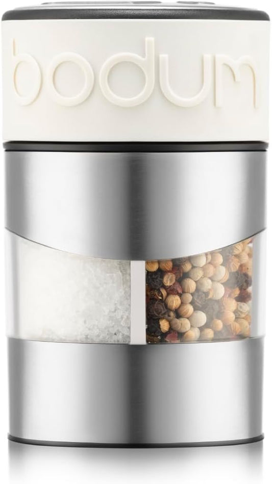 Bodum Twin Dual Salt and Pepper Grinder, Stainless Steel w/Silicone Sleeve, White