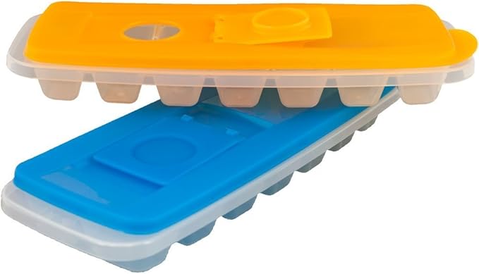 Set of 2 Ice Cube Trays - 14-Cube Spill-Resistant, Easy-to-Fill Trays with Lids for Freezing Food, Water, and Juice (Multicolor)