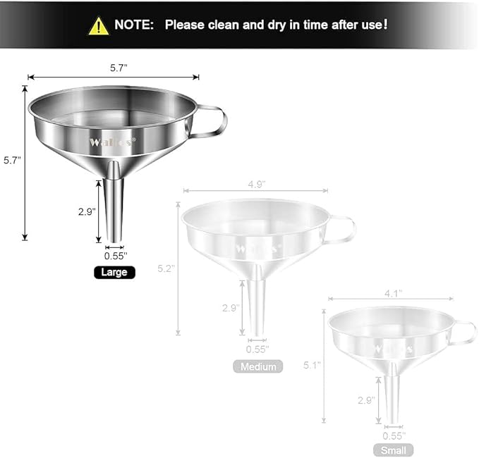 Large Stainless Steel Funnel, Walfos Kitchen Funnel with 2 Removable Strainer ＆ 1Pc Cleaning Brush, Perfect for Transferring of Liquid, Oils, Jam, Dry Ingredients & Powder (Big, 5.7") - Image 6