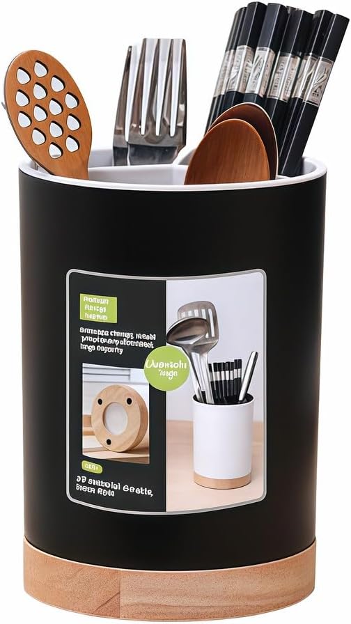 BUBBLE-FLY Modern Kitchen Utensil Holder with Drainage, Black and Wood Base, 3 Compartment Divided Organizer for Spoons Forks Knives, Countertop Caddy for Cooking Tools and Cutlery Storage- Non-Slip by BUBBLE-FLY