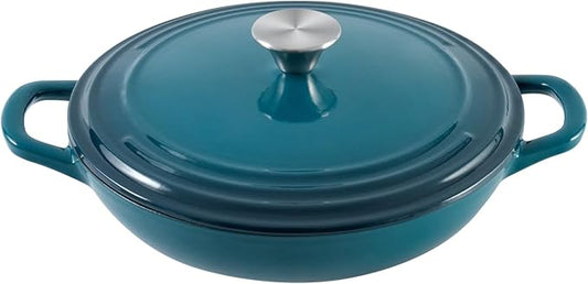 Flavehc Braiser Enameled Cast Iron Braiser 2.25 qt Braiser Pan with Lid DarkCyan Shallow Cast Iron Casserole Braiser Pan with Handels