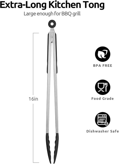 600ºF Heat Resistant Kitchen Tongs: U-Taste 16 inch Extra Long Large Silicone Cooking Tong with Sturdy Non Stick Rubber Tips & Non Slip Silicon Coated 18/8 Stainless Steel Handle for Grill BBQ (Black) - Image 2