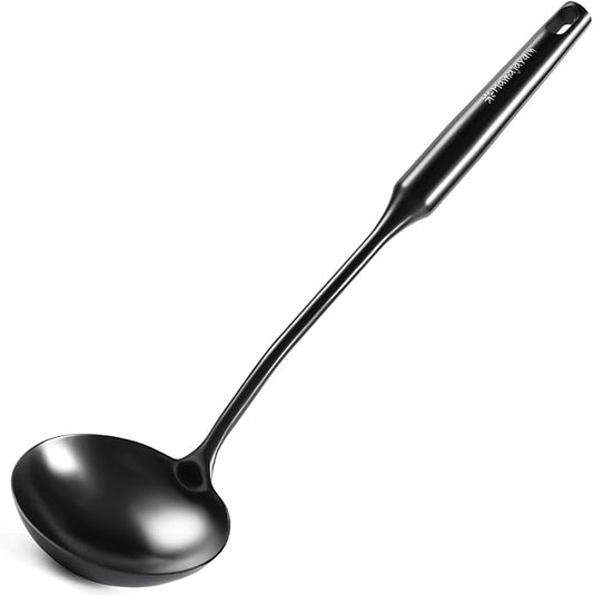 Soup Ladle - 18/10 Stainless Steel Ladle Spoon, 13.8" Large Soup Spoons, Resilient Kitchen Metal Ladel for Cooking, Serving, Stirring, Canning，Sauce, Wok & Soup，Black, Christmas Gifts by Mamajardin