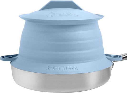 L.I.Q Silicone Splatter Guard – Fits 8 and 10 Inch Pots (20 and 25 Centimeters) – Microwave Safe and Durable SplatterDom - Includes 8” Lid - Food and Oil Splash Guard (Blue Steel, Small)