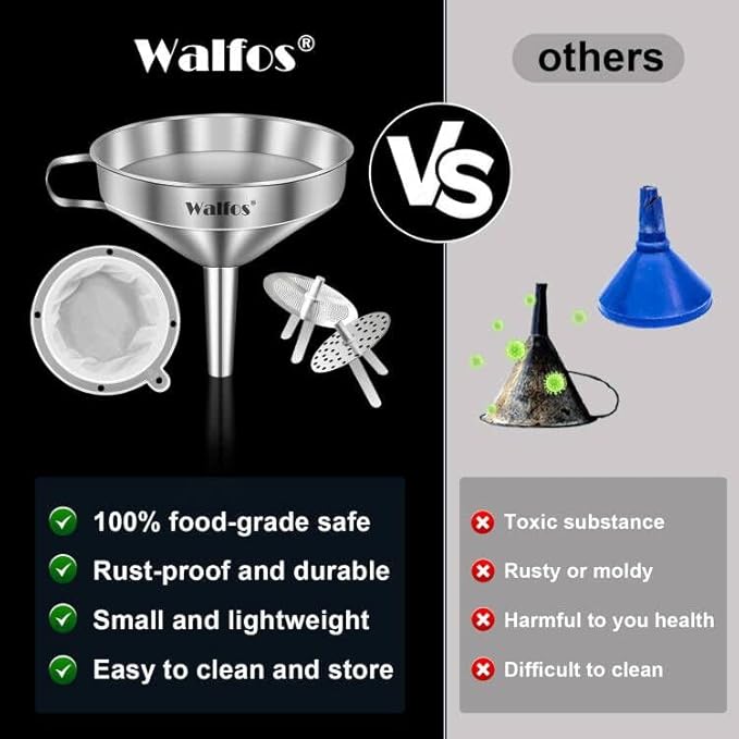 Stainless Steel Funnel, Walfos Kitchen Funnel with 2 Removable Strainer ＆ 1Pc Cleaning Brush, Perfect for Transferring of Liquid, Oils, Jam, Dry Ingredients & Powder (Big, 4.9") - Image 6
