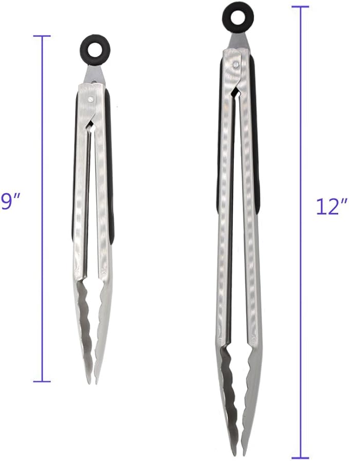 304 Stainless Steel Kitchen Cooking Tongs, 9" and 12" Set of 2 Sturdy Grilling Barbeque Brushed Locking Food Tongs with Ergonomic Grip, Black (Pack of 2) - Image 4