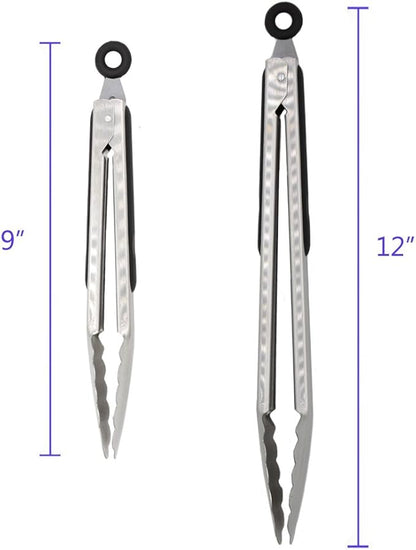 304 Stainless Steel Kitchen Cooking Tongs, 9" and 12" Set of 2 Sturdy Grilling Barbeque Brushed Locking Food Tongs with Ergonomic Grip, Black (Pack of 2) - Image 4