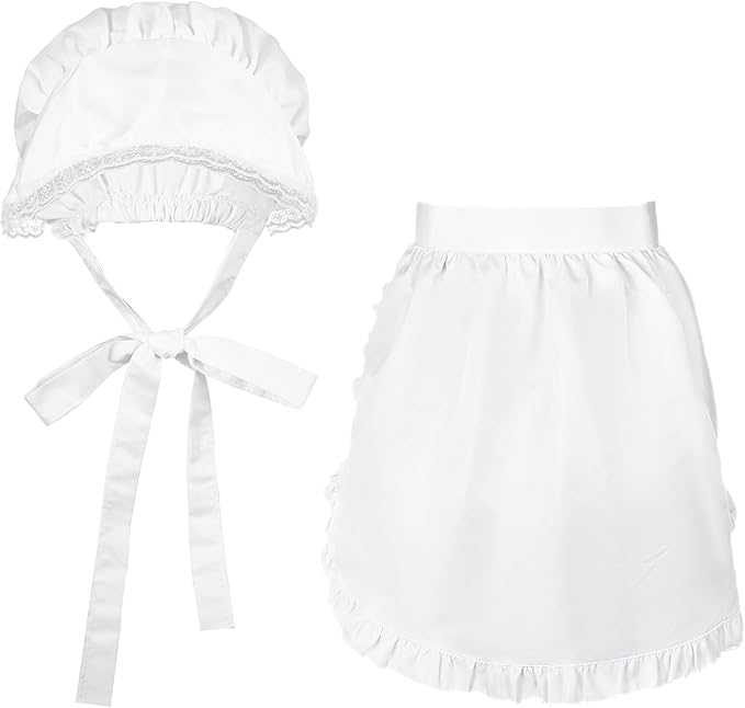 Tucnoeu 2pcs White Mob Cap Half Apron Halloween Colonial Costume Set Women Pilgrim Costume Accessories for Maid Girl Cosplay