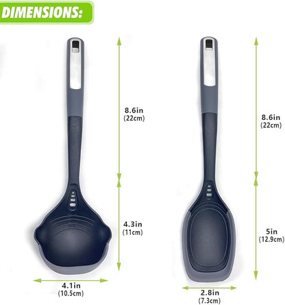 Flexible & Sturdy Kitchen Ladle Spoon Set for Nonstick Pots n Pans | Heat-Resistant Soup Ladle Canning Serving Spoons with Measurement Marks | Dishwasher Safe Cooking Utensil Tools