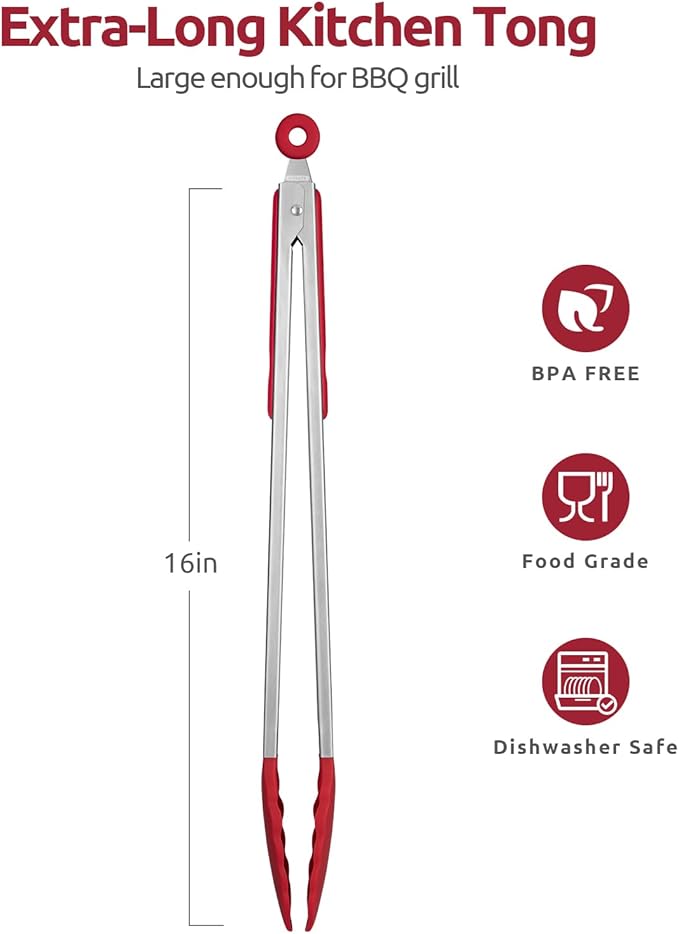 600ºF Heat Resistant Kitchen Tongs: U-Taste 16 inch Extra Long Large Silicone Cooking Tong with Sturdy Non Stick Rubber Tips & Non Slip Silicon Coated 18/8 Stainless Steel Handle for Grilling BBQ(Red) - Image 2
