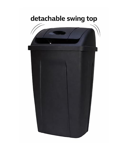 13 Gallon Kitchen Trash Can, Black Swing Top Garbage Bin, Durable Plastic Waste Bin for Home Bathroom Office Bedroom Use