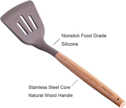 Mapthon Silicone Cooking Kitchen Utensils Set 6 PCS with Wooden Handle for Non-Sticker Cookware Heat-Resistant Kitchen Gadgets Serving Spoons, Slotted Turner, Spatula, Spaghetti Server(Grey)