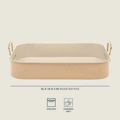 Gibson Home Broxton 2-Piece Nonstick Roaster Pan with Rack – 16 x 12 Inch Apricot Turkey Roasting Pan with Cast Aluminum Gold Handles – Oven-Safe, Easy-Clean, Holiday Cookware