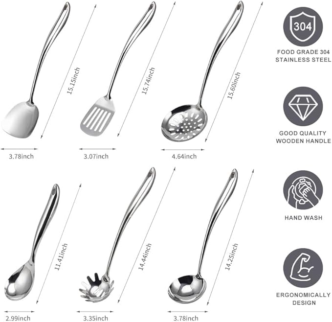 VALESKA 6PCS Stainless Steel Cooking Utensils Set,Metal Kitchen Utensils Set, Include Wok Spatula Stainless Steel,Metal Pasta Spoon and etc,Easy to Clean - Image 2