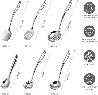 VALESKA 6PCS Stainless Steel Cooking Utensils Set,Metal Kitchen Utensils Set, Include Wok Spatula Stainless Steel,Metal Pasta Spoon and etc,Easy to Clean - Image 2