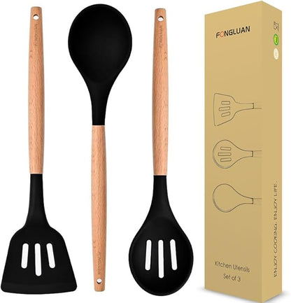 Kitchen Utensils. Set of 3, Silicone Cooking Utensils Set, Turner/Spatula, Spoons with Wooden Handle, Heat Resistant, Nonstick Cookware, Dishwasher Safe, Black