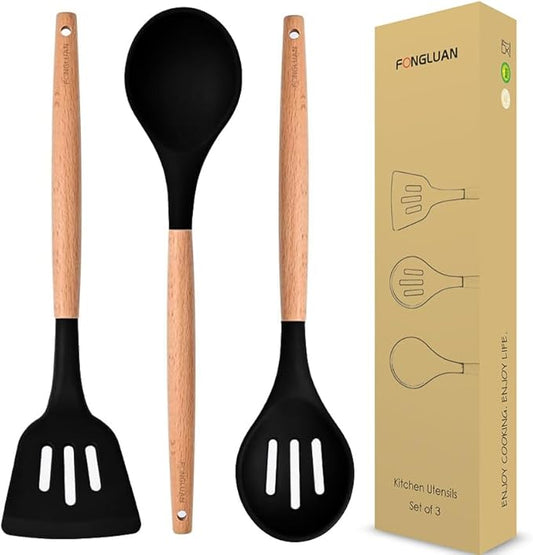 Kitchen Utensils. Set of 3, Silicone Cooking Utensils Set, Turner/Spatula, Spoons with Wooden Handle, Heat Resistant, Nonstick Cookware, Dishwasher Safe, Black